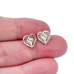Estate Sterling Silver 925 Diamond-Cut Openwork Heart Stud Earrings